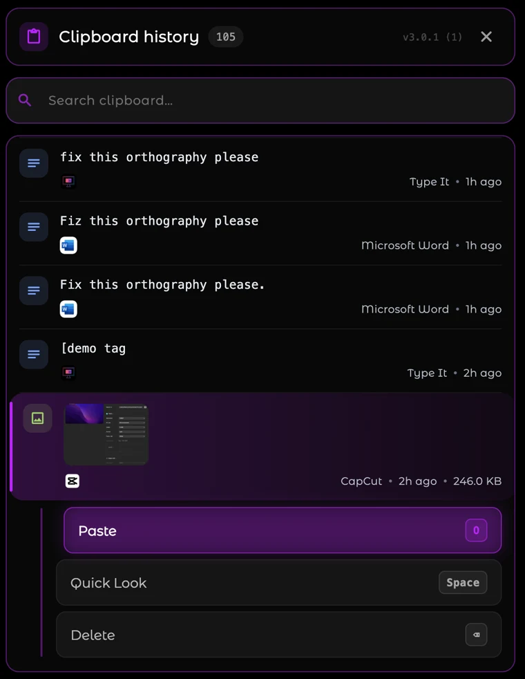 Type It clipboard history panel with text and image entries
